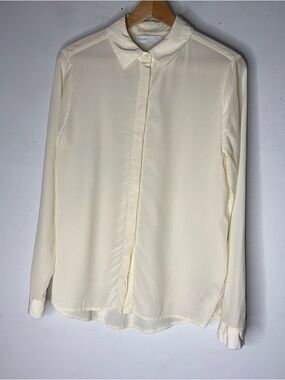 Grana Cream‎ Collar Long Sleeve Hidden Button Down Silk Shirt Small
